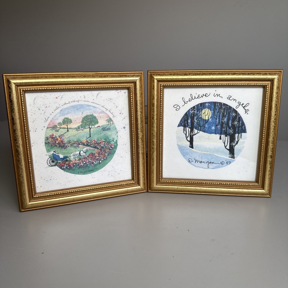 Lot Of 2 Vintage D Morgan "I Believe in Angels" Framed 6"x6" Cottage Art Print